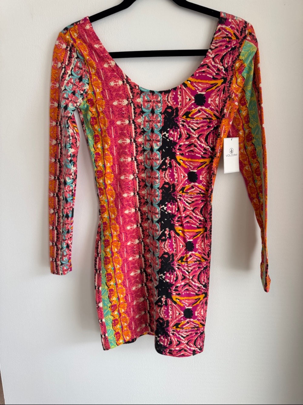 Volcom Pink Orange Multicolor Printed Long Sleeve Scoop Dress